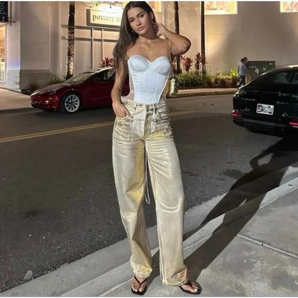 Zara Pants - Zara women 6 gold the boy fit pants distressed boho new mid rise belt cotton